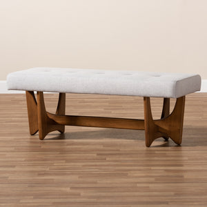 Baxton Studio Theo Mid-Century Modern Greyish Beige Fabric Upholstered Walnut Finished Bench