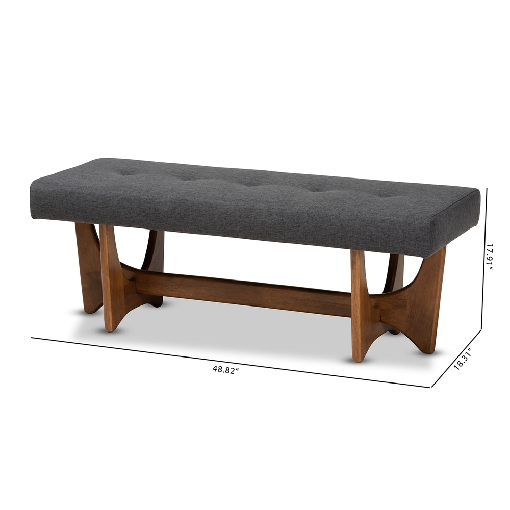 Baxton Studio Theo Mid-Century Modern Dark Grey Fabric Upholstered Walnut Finished Bench