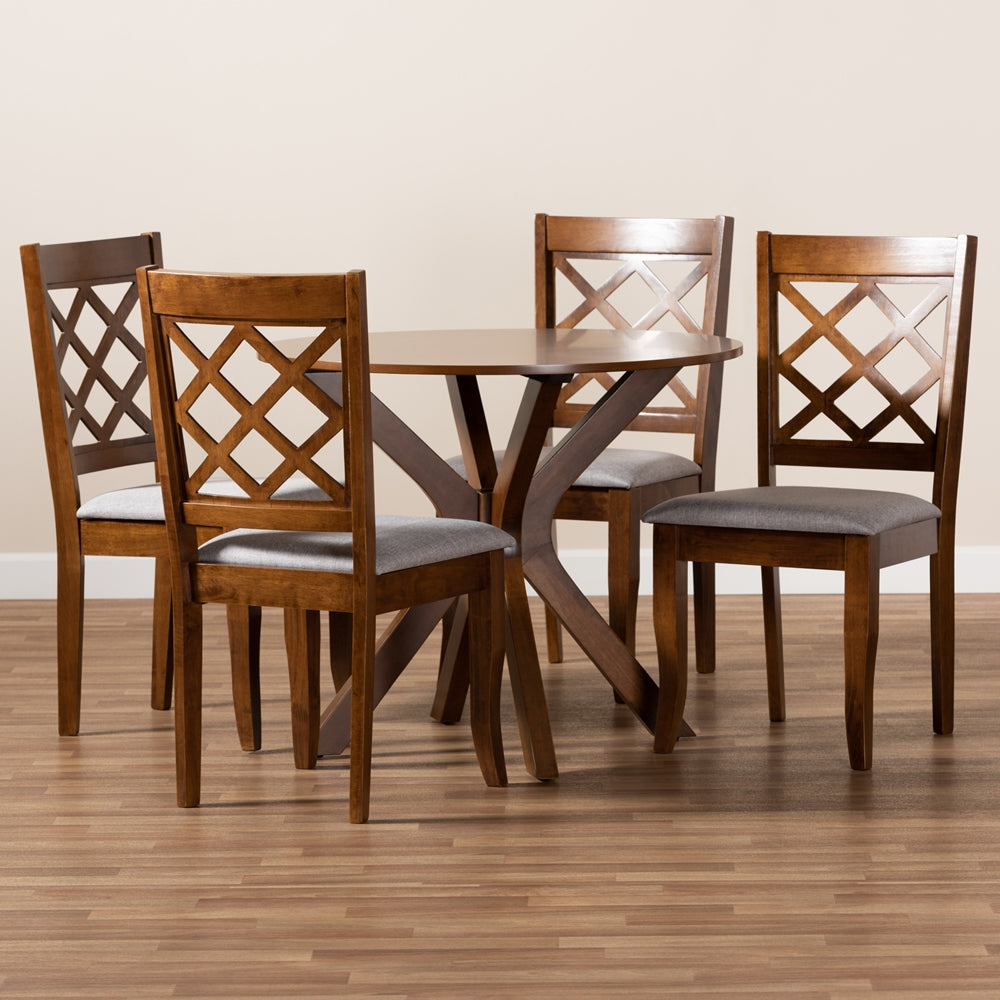 Baxton Studio Jana Modern And Contemporary Grey Fabric Upholstered And Walnut Brown Finished Wood 5-Piece Dining Set