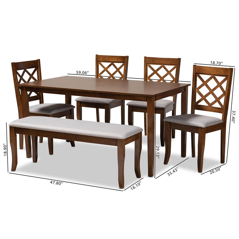 Baxton Studio Andor Modern And Contemporary Grey Fabric Upholstered And Walnut Brown Finished Wood 6-Piece Dining Set