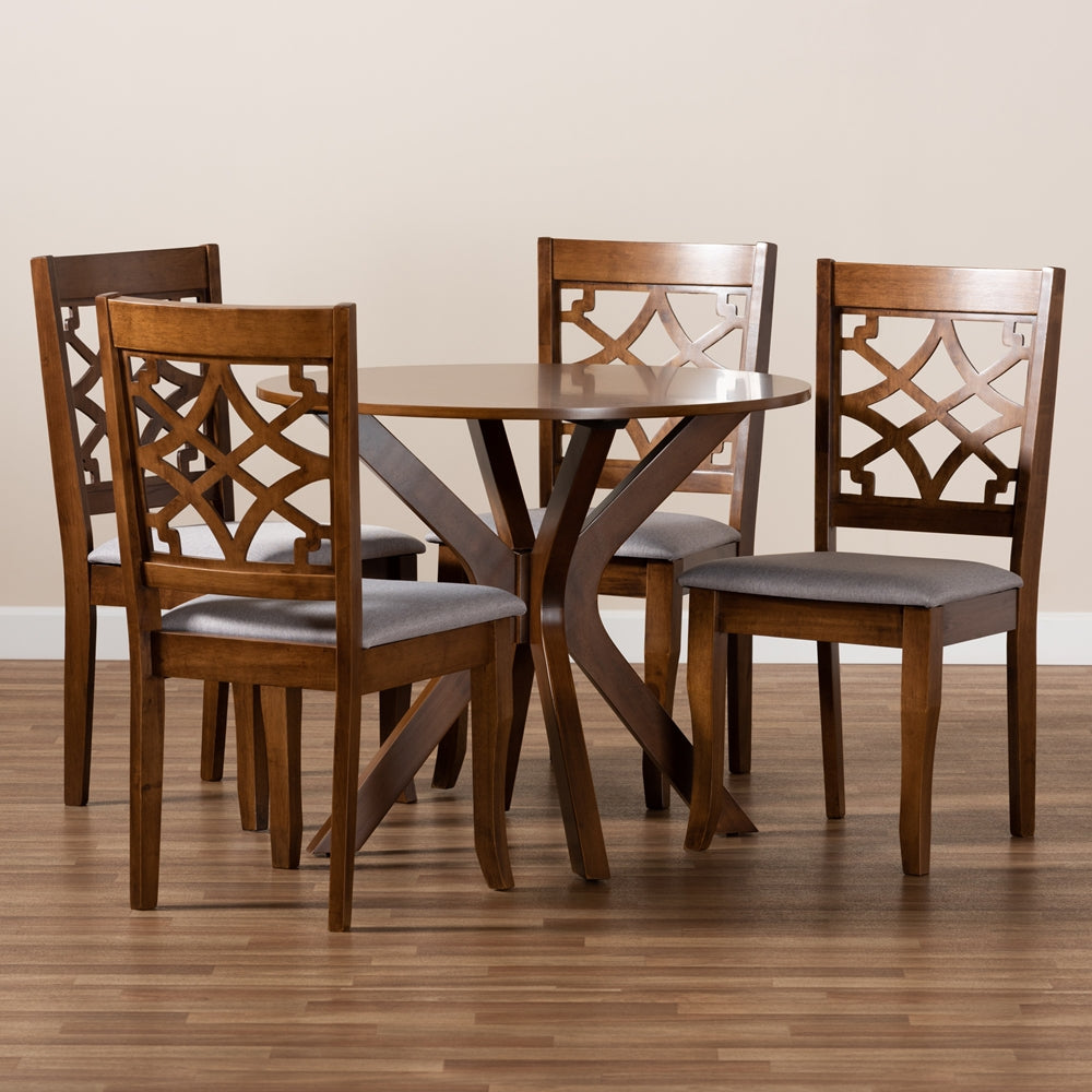 Baxton Studio Elena Modern And Contemporary Grey Fabric Upholstered And Walnut Brown Finished Wood 5-Piece Dining Set