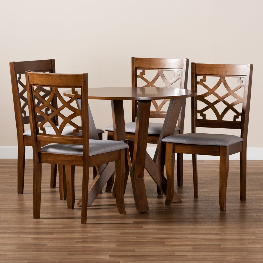 Baxton Studio Alisa Modern And Contemporary Grey Fabric Upholstered And Walnut Brown Finished Wood 5-Piece Dining Set