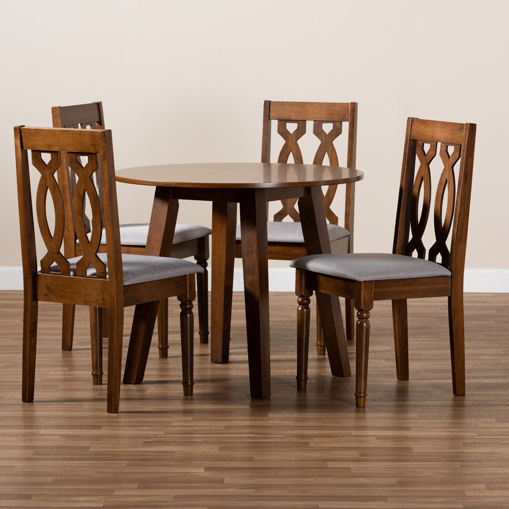 Baxton Studio Pia Modern And Contemporary Grey Fabric Upholstered And Walnut Brown Finished Wood 5-Piece Dining Set