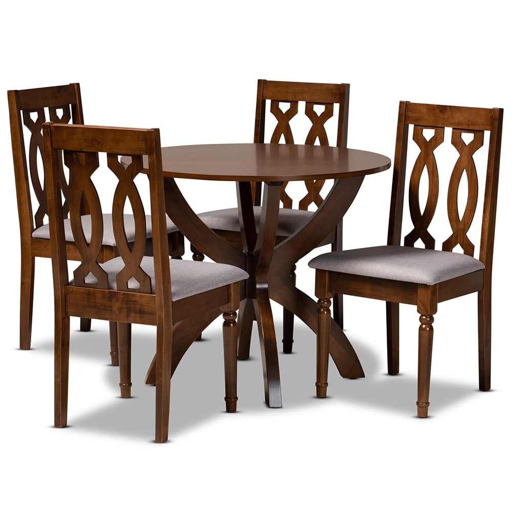 Baxton Studio Mona Modern And Contemporary Grey Fabric Upholstered And Walnut Brown Finished Wood 5-Piece Dining Set