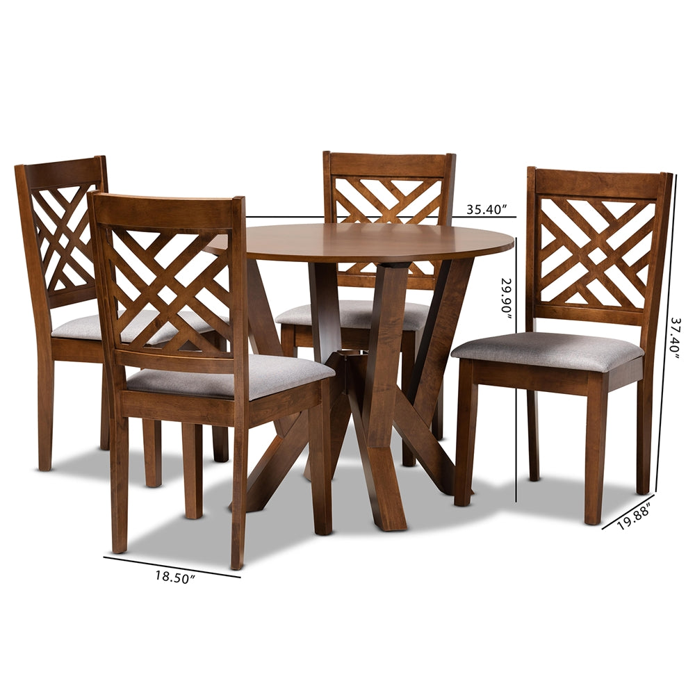 Baxton Studio Elise Modern And Contemporary Grey Fabric Upholstered And Walnut Brown Finished Wood 5-Piece Dining Set