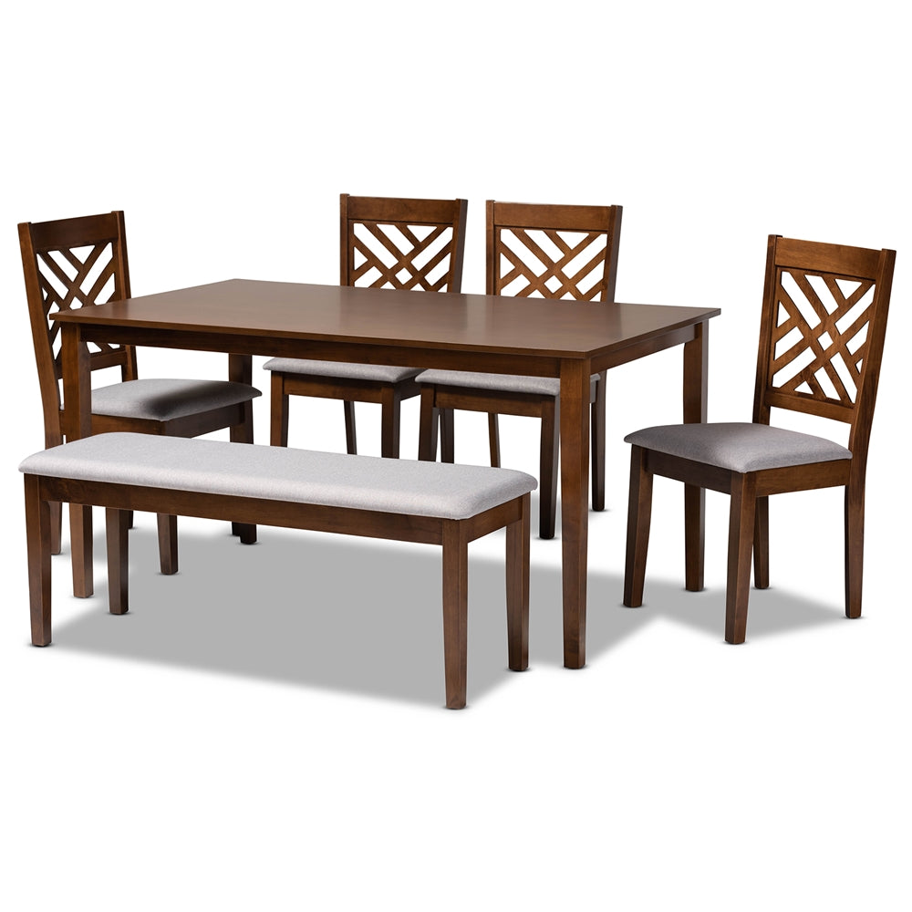 Baxton Studio Gustavo Modern And Contemporary Grey Fabric Upholstered And Walnut Brown Finished Wood 6-Piece Dining Set