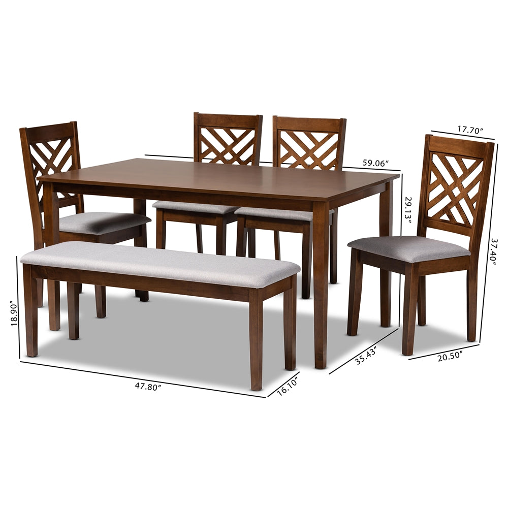 Baxton Studio Gustavo Modern And Contemporary Grey Fabric Upholstered And Walnut Brown Finished Wood 6-Piece Dining Set