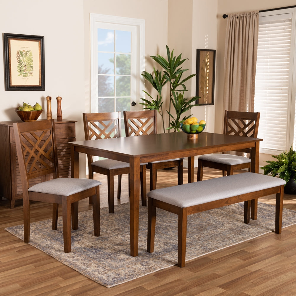 Baxton Studio Gustavo Modern And Contemporary Grey Fabric Upholstered And Walnut Brown Finished Wood 6-Piece Dining Set