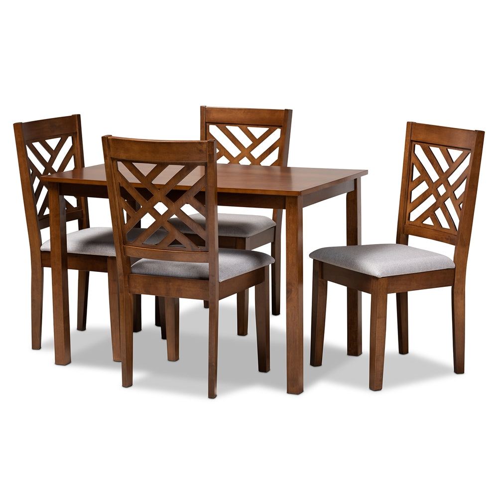 Baxton Studio Caron Modern And Contemporary Grey Fabric Upholstered Walnut Brown Finished Wood 5-Piece Dining Set