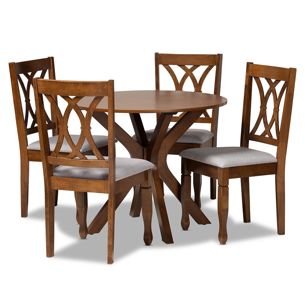 Baxton Studio Maya Modern And Contemporary Grey Fabric Upholstered And Walnut Brown Finished Wood 5-Piece Dining Set