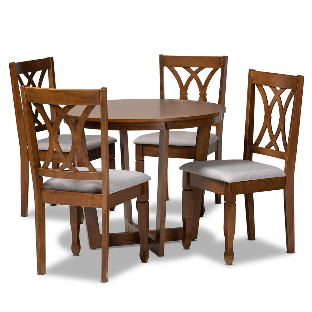 Baxton Studio Aggie Modern And Contemporary Grey Fabric Upholstered And Walnut Brown Finished Wood 5-Piece Dining Set