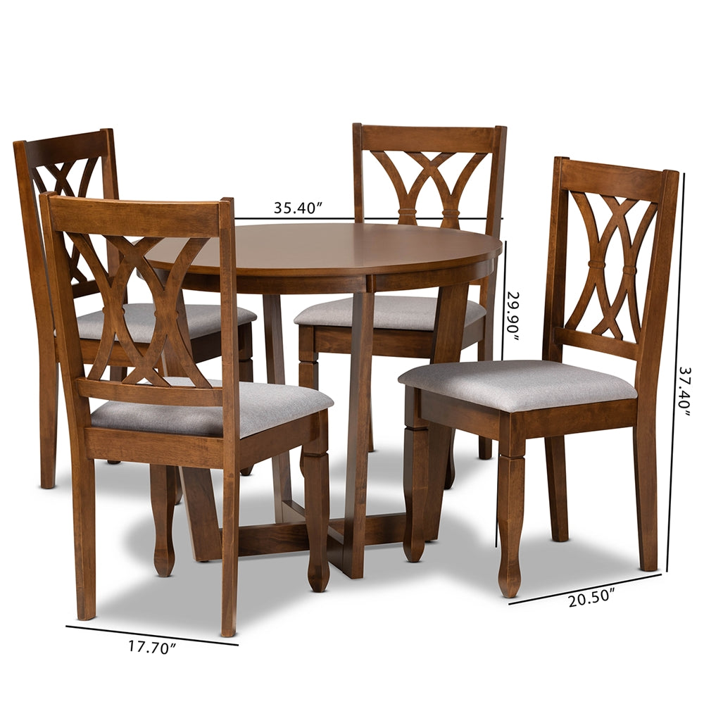 Baxton Studio Aggie Modern And Contemporary Grey Fabric Upholstered And Walnut Brown Finished Wood 5-Piece Dining Set