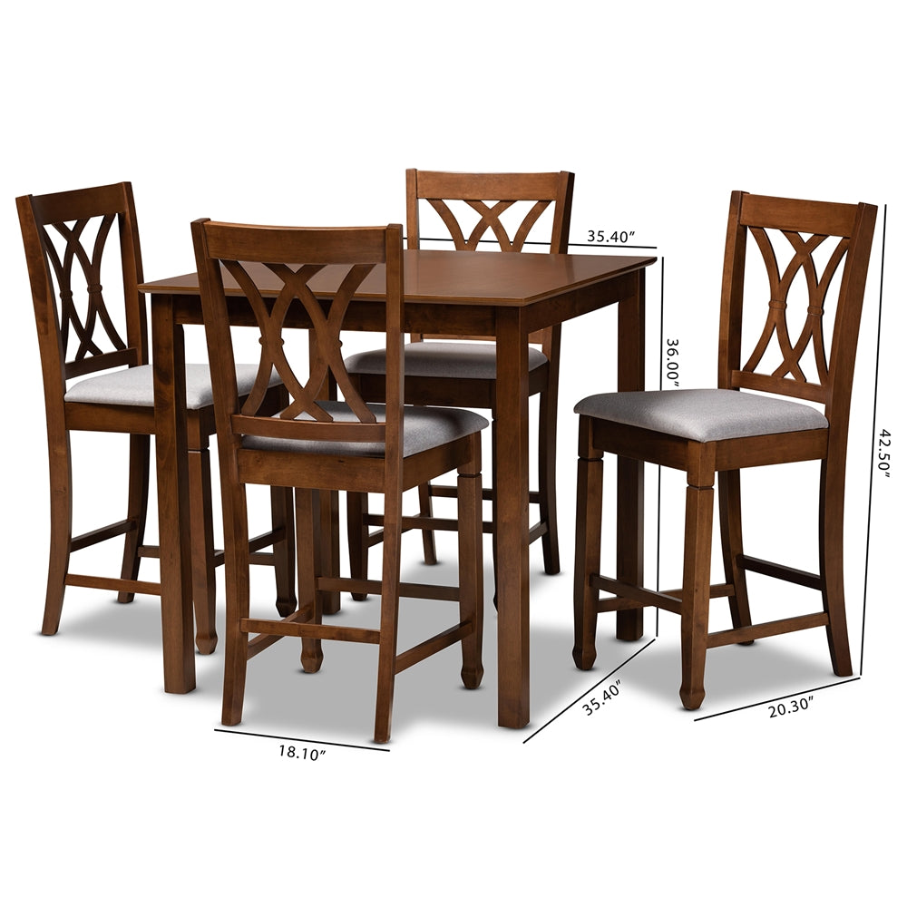 Baxton Studio Reneau Modern And Contemporary Grey Fabric Upholstered Walnut Brown Finished 5-Piece Wood Pub Set