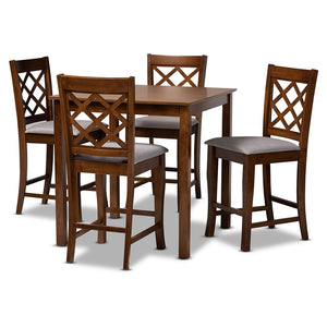 Baxton Studio Alora Modern And Contemporary Grey Fabric Upholstered Walnut Brown Finished 5-Piece Wood Pub Set