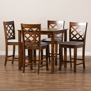 Baxton Studio Alora Modern And Contemporary Grey Fabric Upholstered Walnut Brown Finished 5-Piece Wood Pub Set