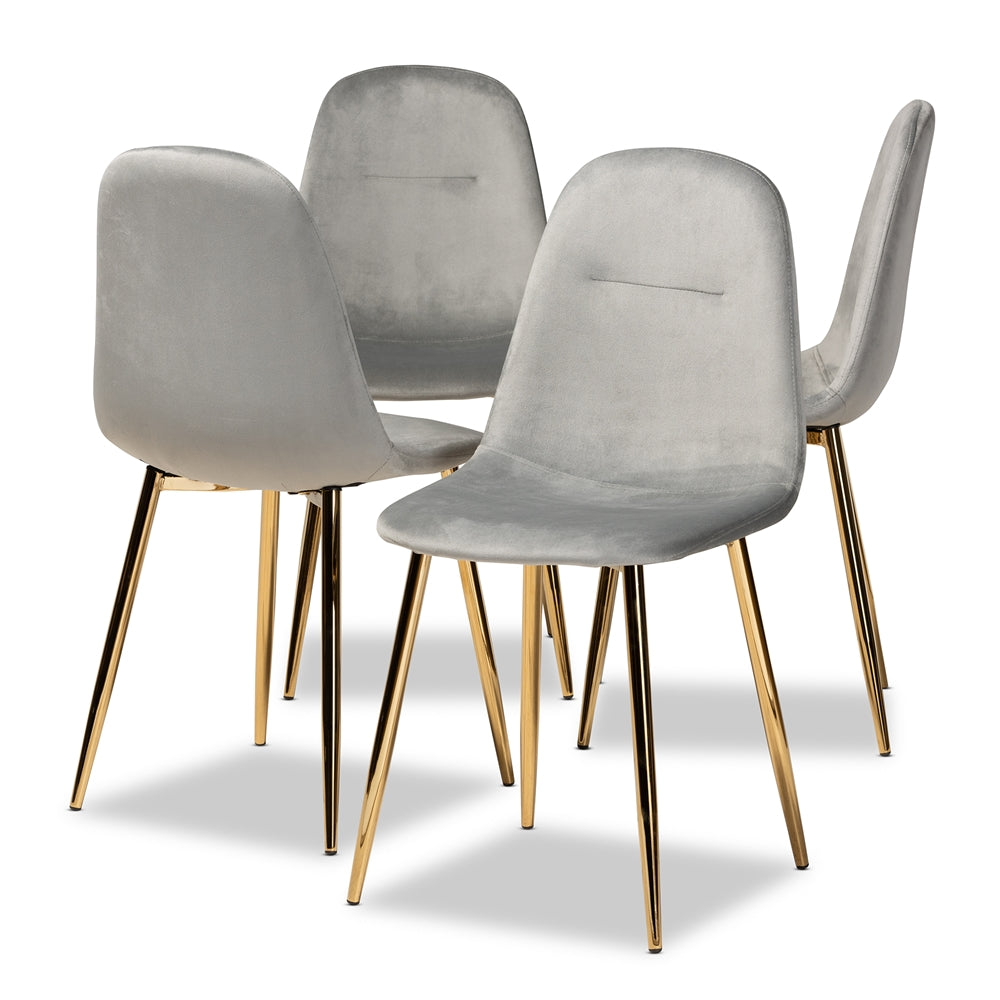 Baxton Studio Elyse Glam And Luxe Grey Velvet Fabric Upholstered Gold Finished 4-Piece Metal Dining Chair Set