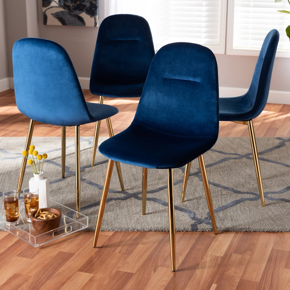 Baxton Studio Elyse Glam And Luxe Navy Blue Velvet Fabric Upholstered Gold Finished 4-Piece Metal Dining Chair Set