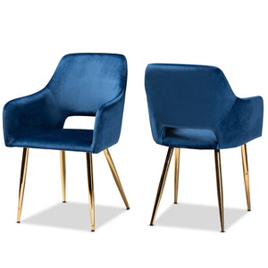 Baxton Studio Germaine Glam And Luxe Navy Blue Velvet Fabric Upholstered Gold Finished 2-Piece Metal Dining Chair Set