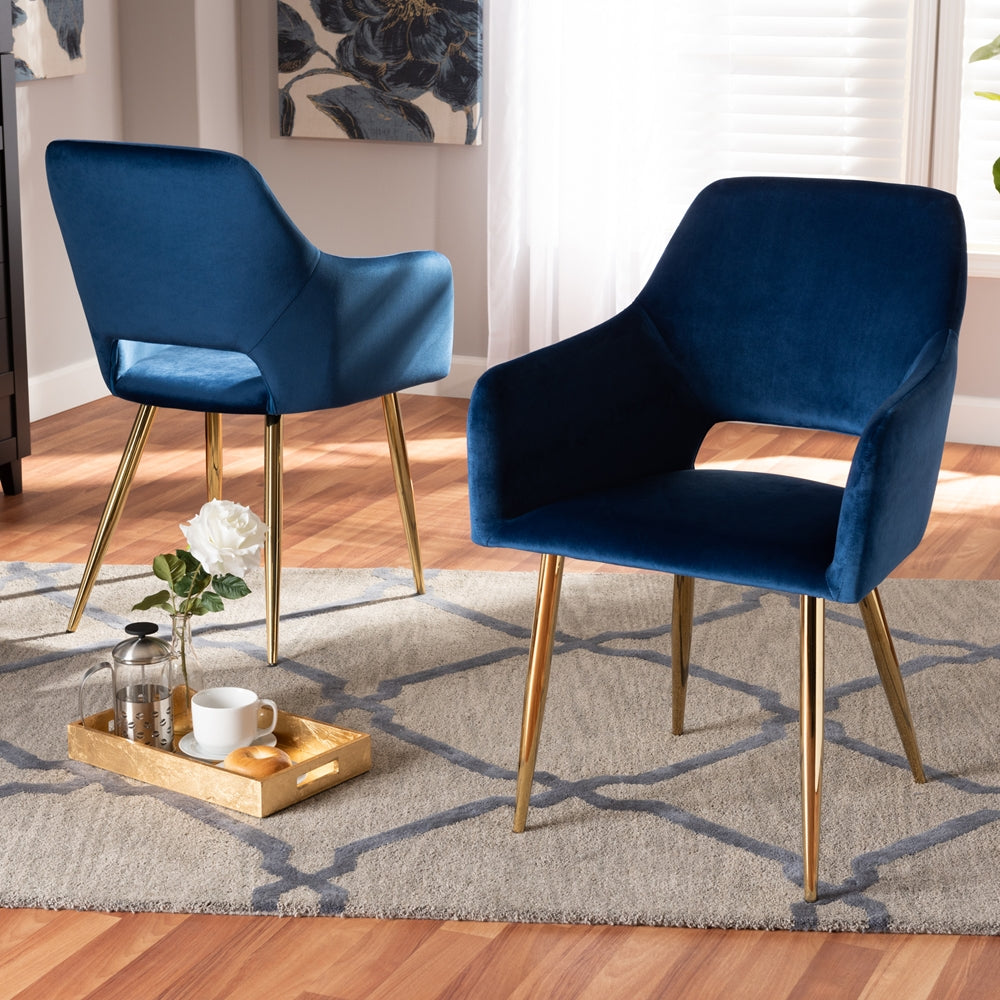 Baxton Studio Germaine Glam And Luxe Navy Blue Velvet Fabric Upholstered Gold Finished 2-Piece Metal Dining Chair Set