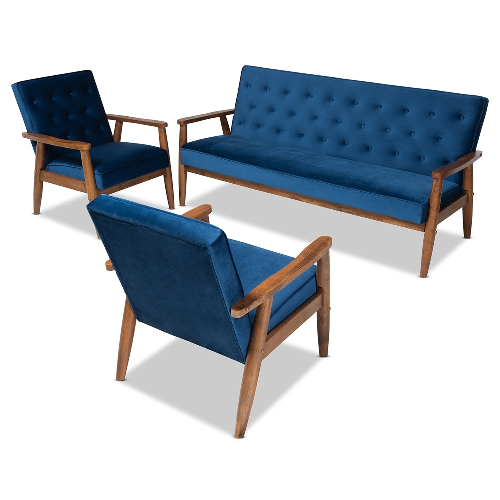 Baxton Studio Sorrento Mid-century Modern Velvet Fabric Upholstered Walnut Finished 3-Piece Wooden Living Room Set