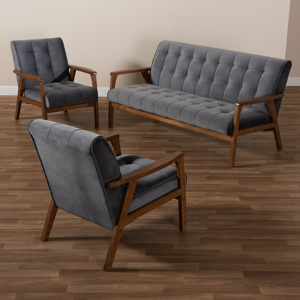 Baxton Studio Asta Mid-Century Modern Grey Velvet Fabric Upholstered Walnut Finished Wood 3-Piece Living Room Set