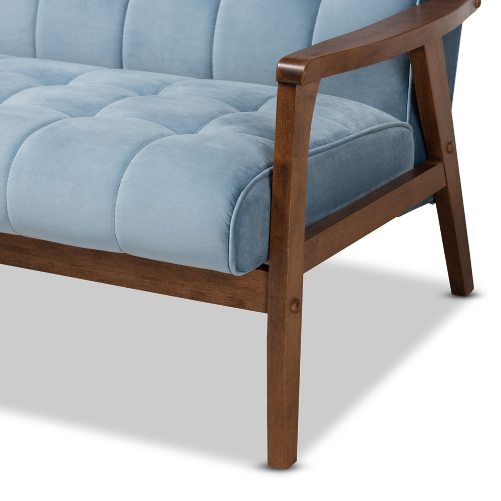 BAXTON STUDIO ASTA MID-CENTURY MODERN LIGHT BLUE VELVET FABRIC UPHOLSTERED WALNUT FINISHED WOOD 3-PIECE LIVING ROOM SET