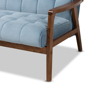 BAXTON STUDIO ASTA MID-CENTURY MODERN LIGHT BLUE VELVET FABRIC UPHOLSTERED WALNUT FINISHED WOOD 3-PIECE LIVING ROOM SET