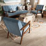 Load image into Gallery viewer, Baxton Studio Asta Mid-Century Modern Light Blue Velvet Fabric Upholstered Walnut Finished Wood 3-Piece Living Room Set
