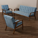 Load image into Gallery viewer, Baxton Studio Asta Mid-Century Modern Light Blue Velvet Fabric Upholstered Walnut Finished Wood 3-Piece Living Room Set
