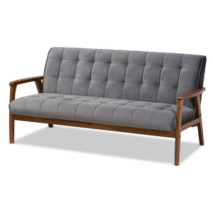 Baxton Studio Asta Mid-Century Modern Grey Velvet Fabric Upholstered Walnut Finished Wood Sofa