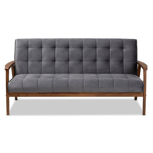 Baxton Studio Asta Mid-Century Modern Grey Velvet Fabric Upholstered Walnut Finished Wood Sofa