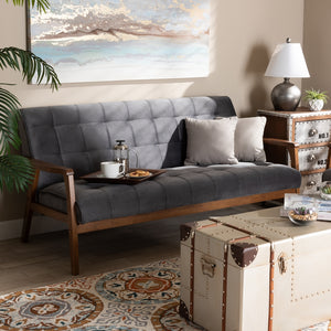 Baxton Studio Asta Mid-Century Modern Grey Velvet Fabric Upholstered Walnut Finished Wood Sofa