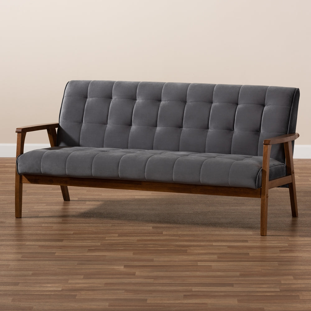 Baxton Studio Asta Mid-Century Modern Grey Velvet Fabric Upholstered Walnut Finished Wood Sofa