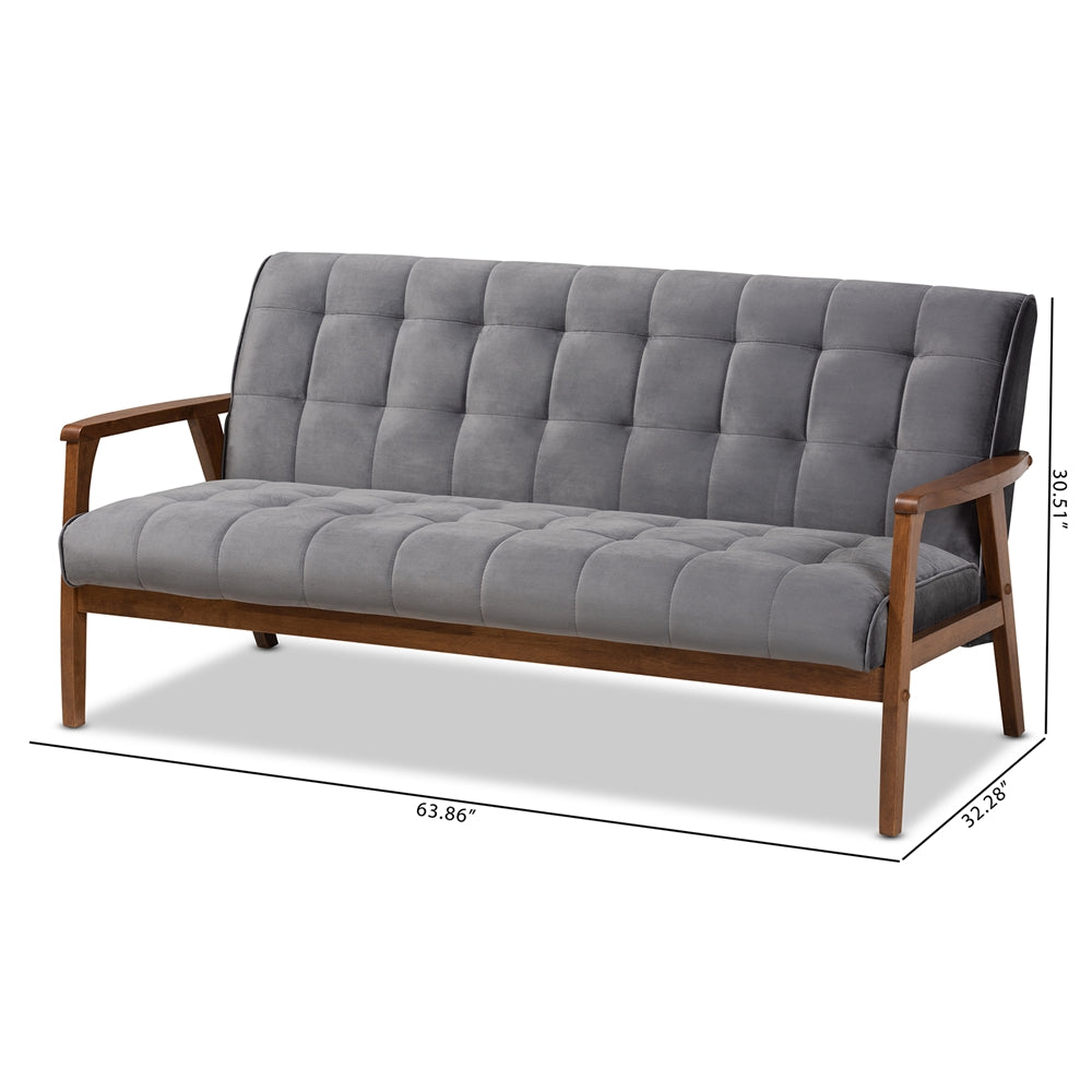 Baxton Studio Asta Mid-Century Modern Grey Velvet Fabric Upholstered Walnut Finished Wood Sofa