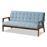 Load image into Gallery viewer, Baxton Studio Asta Mid-Century Modern Light Blue Velvet Fabric Upholstered Walnut Finished Wood Sofa
