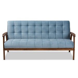 Baxton Studio Asta Mid-Century Modern Light Blue Velvet Fabric Upholstered Walnut Finished Wood Sofa