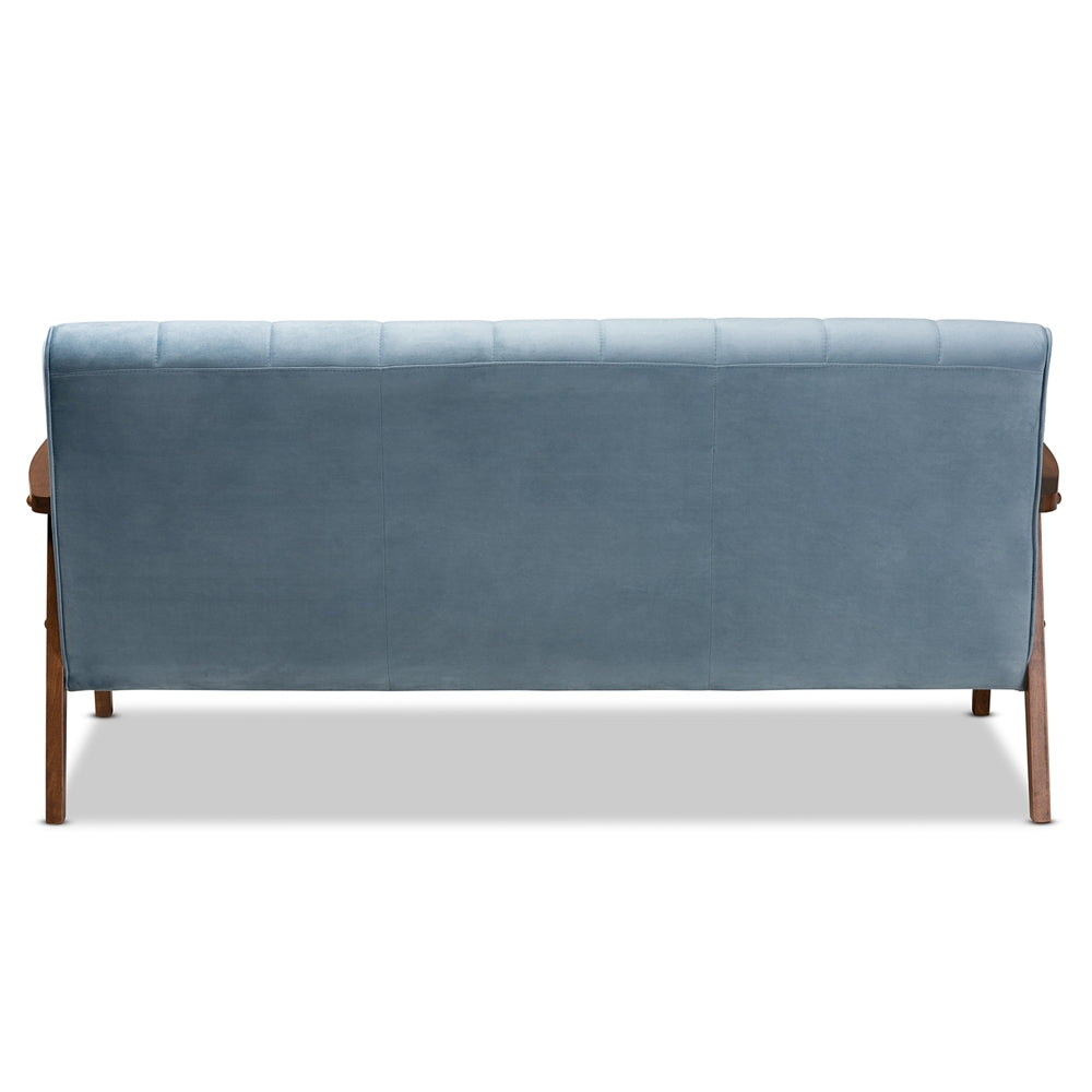 Baxton Studio Asta Mid-Century Modern Light Blue Velvet Fabric Upholstered Walnut Finished Wood Sofa