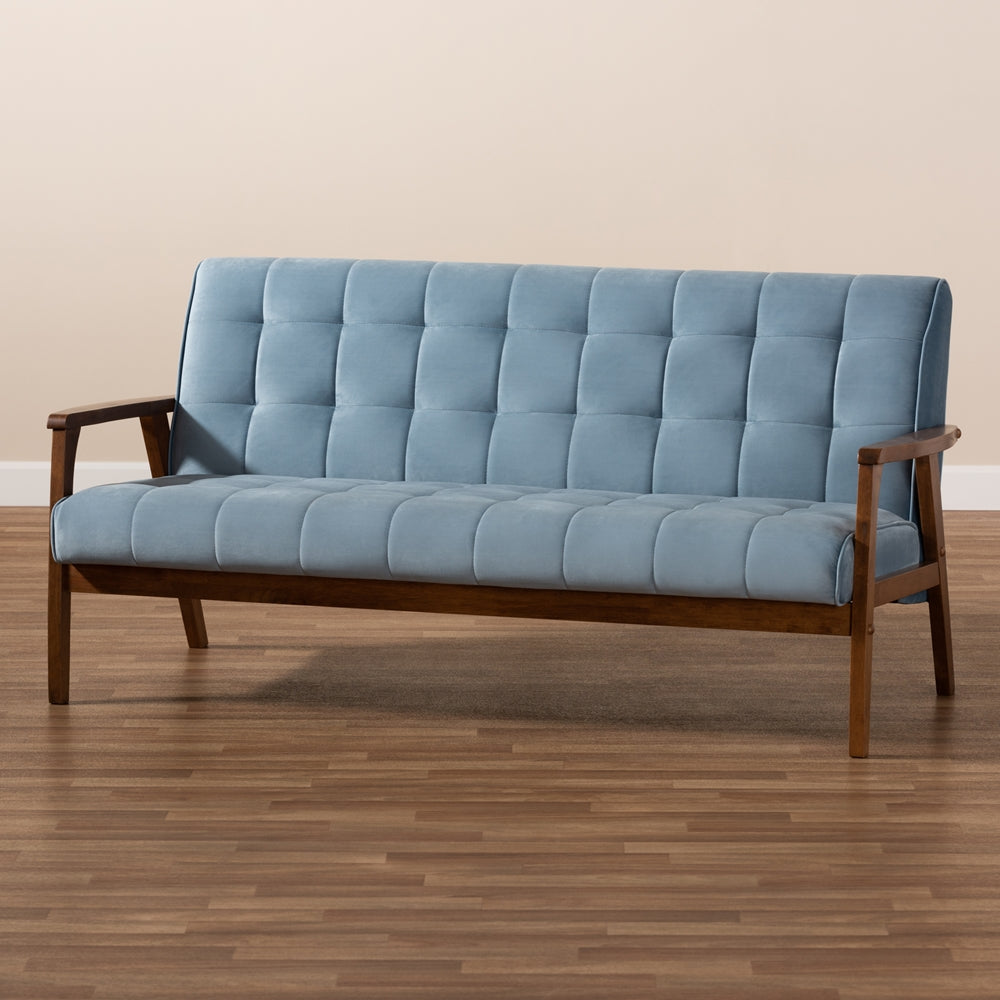 Baxton Studio Asta Mid-Century Modern Light Blue Velvet Fabric Upholstered Walnut Finished Wood Sofa