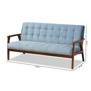 Baxton Studio Asta Mid-Century Modern Light Blue Velvet Fabric Upholstered Walnut Finished Wood Sofa