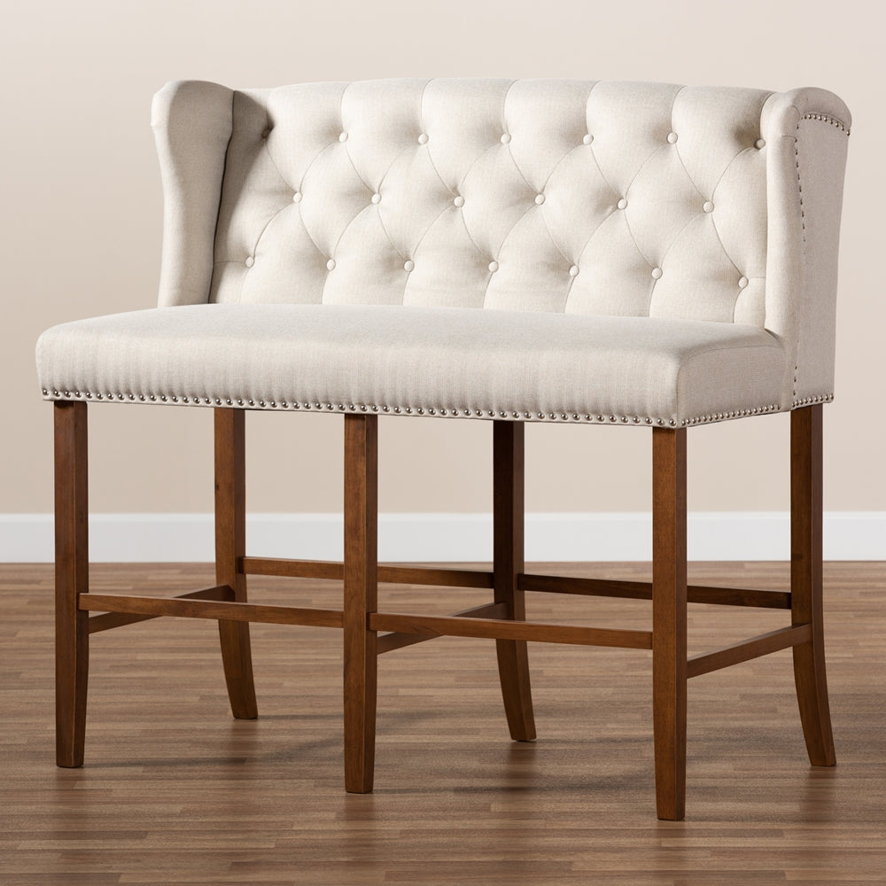 Baxton Studio Alira Modern And Contemporary Beige Fabric Upholstered Walnut Finished Wood Button Tufted Bar Stool Bench