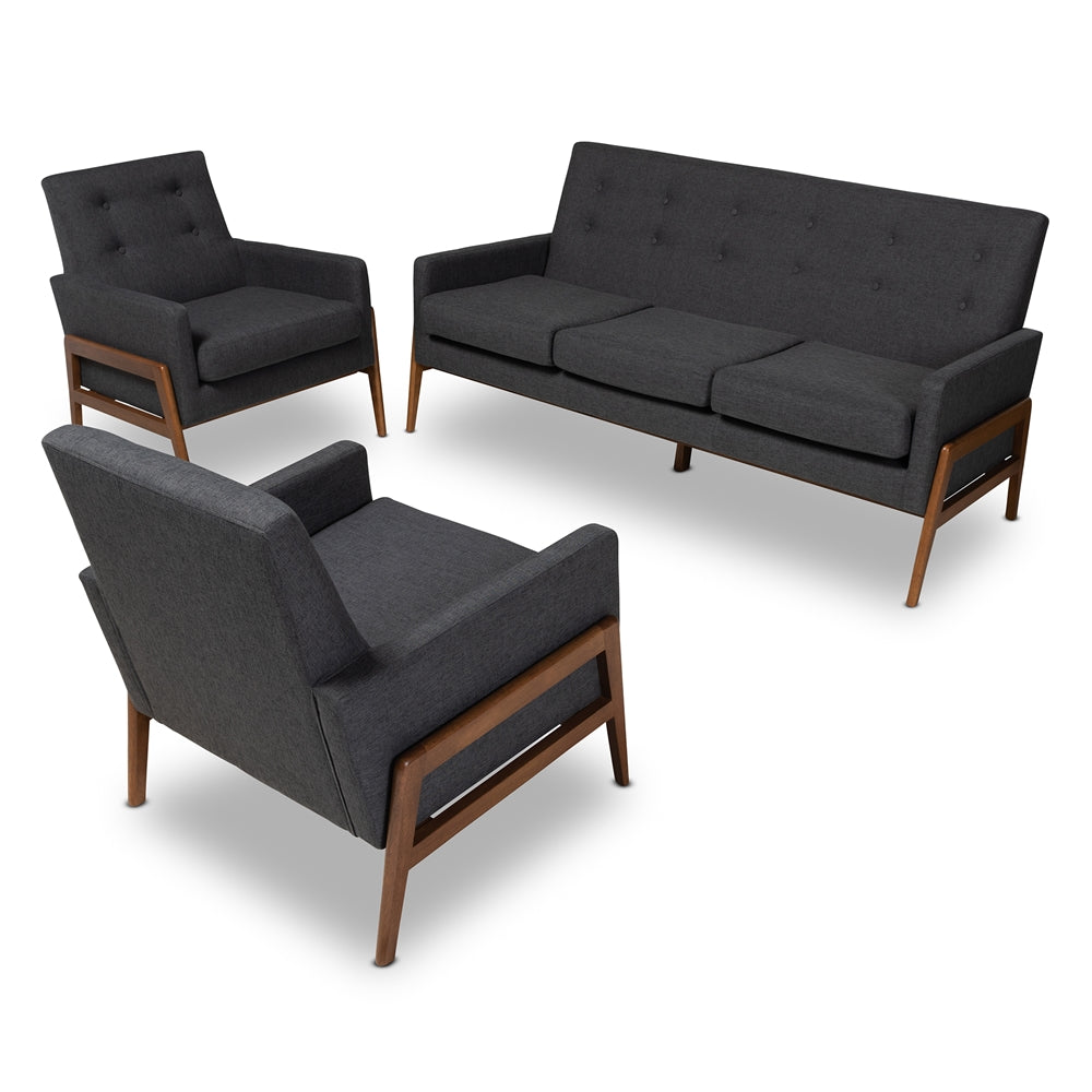 Baxton Studio Perris Mid-Century Modern Fabric Upholstered Walnut Finished Wood 3-Piece Living Room Set