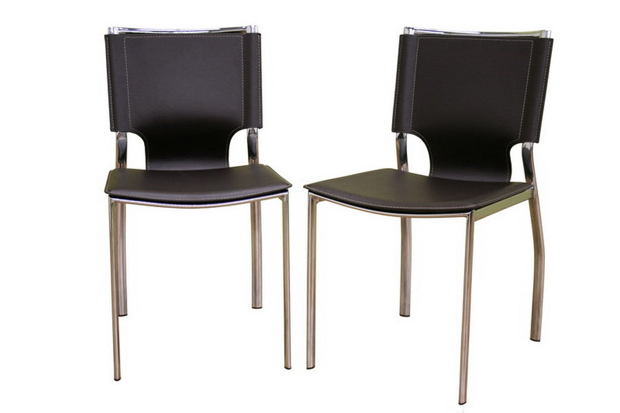 BAXTON STUDIO DARK BROWN LEATHER DINING CHAIR WITH CHROME FRAME SET OF TWO