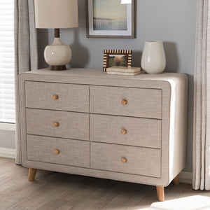 Baxton Studio Jonesy Mid-Century Beige Linen Upholstered 6-Drawer Dresser