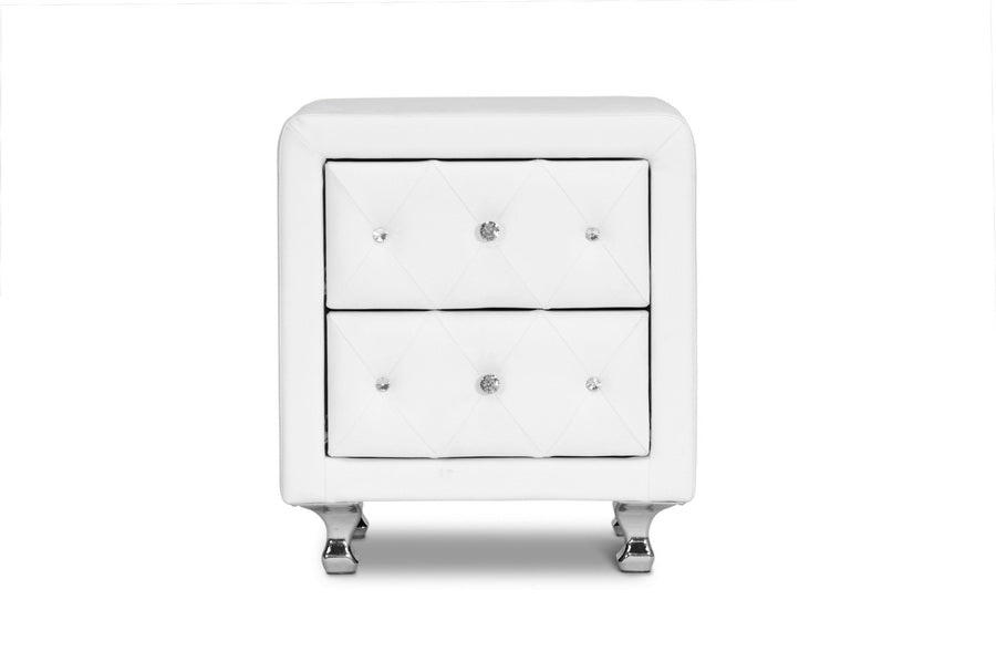 Baxton Studio Stella Crystal Tufted White Upholstered Modern Nightstand