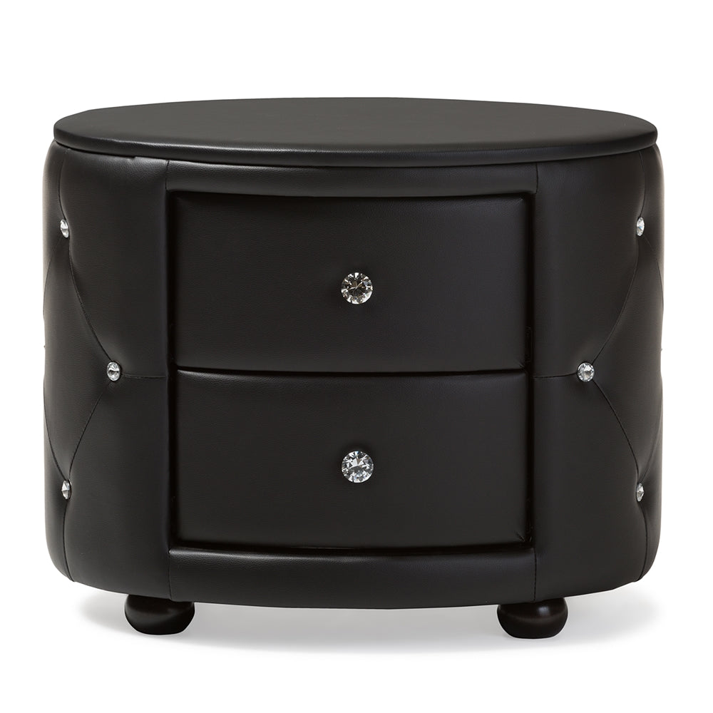 Baxton Studio Davina Hollywood Glamour Style Oval 2-Drawer Black Faux Leather Upholstered Nightstand