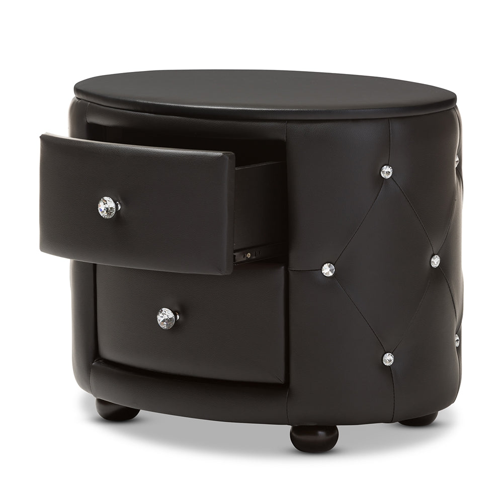 BAXTON STUDIO DAVINA HOLLYWOOD GLAMOUR STYLE OVAL 2-DRAWER BLACK FAUX LEATHER UPHOLSTERED NIGHTSTAND