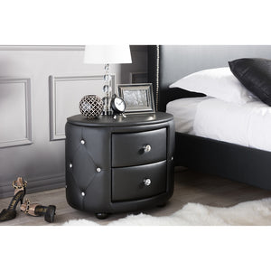 Baxton Studio Davina Hollywood Glamour Style Oval 2-Drawer Black Faux Leather Upholstered Nightstand