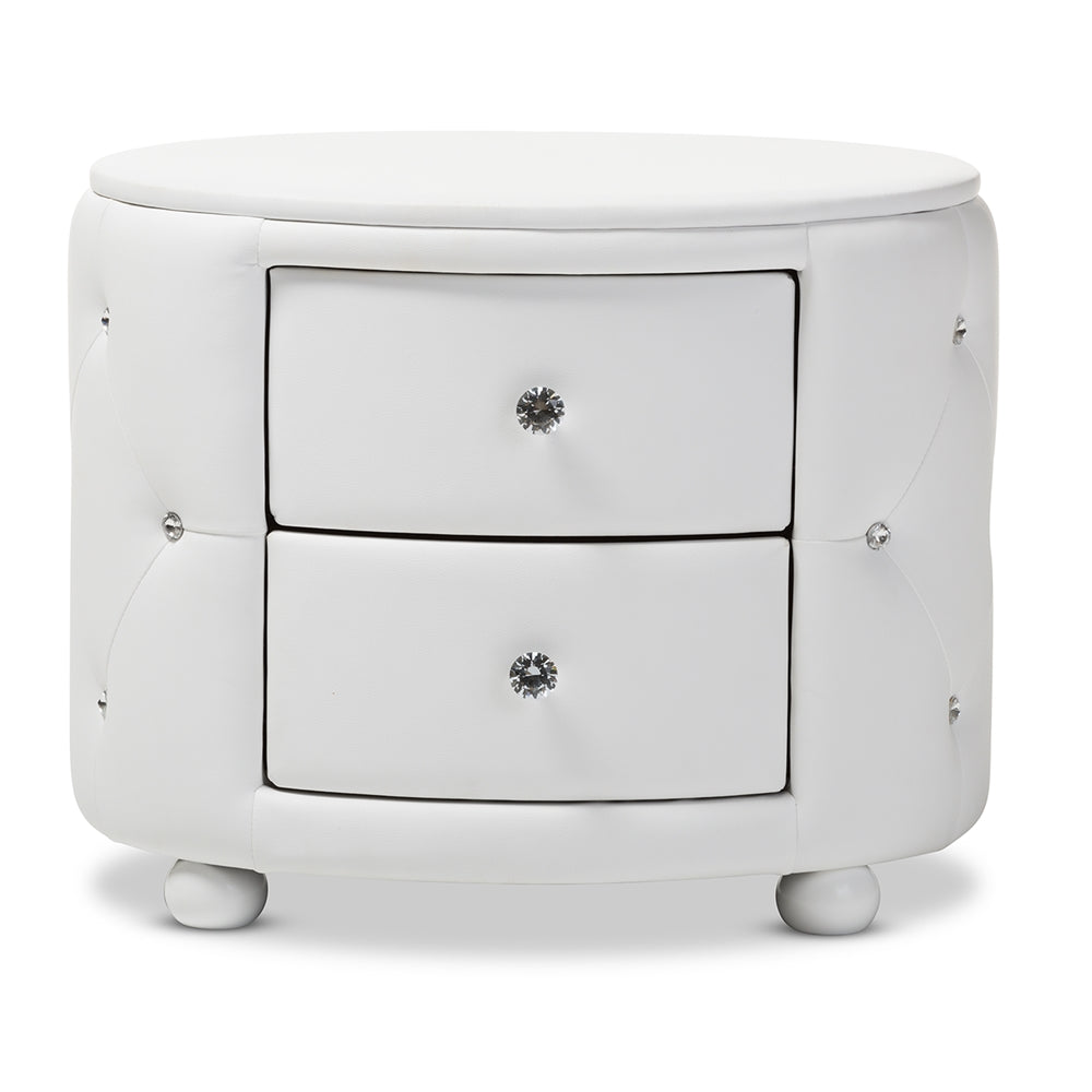 Baxton Studio Davina Hollywood Glamour Style Oval 2-Drawer White Faux Leather Upholstered Nightstand