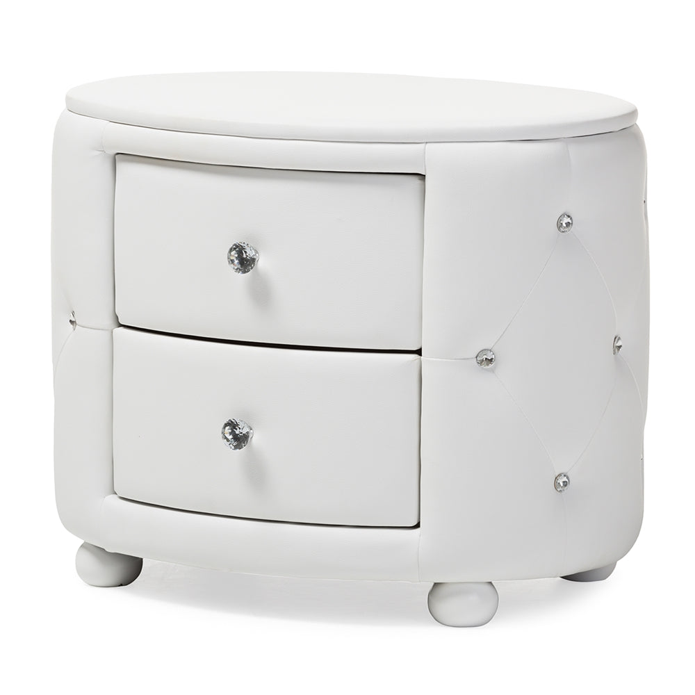 Baxton Studio Davina Hollywood Glamour Style Oval 2-Drawer White Faux Leather Upholstered Nightstand