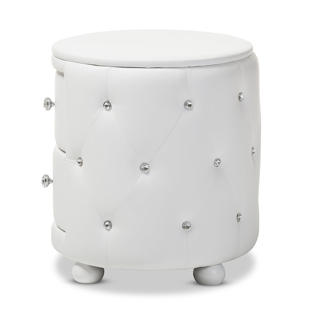 Baxton Studio Davina Hollywood Glamour Style Oval 2-Drawer White Faux Leather Upholstered Nightstand